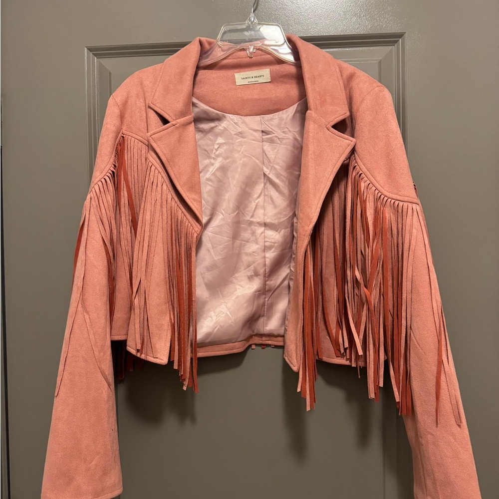Chic Pink Fringe Faux Suede Jacket